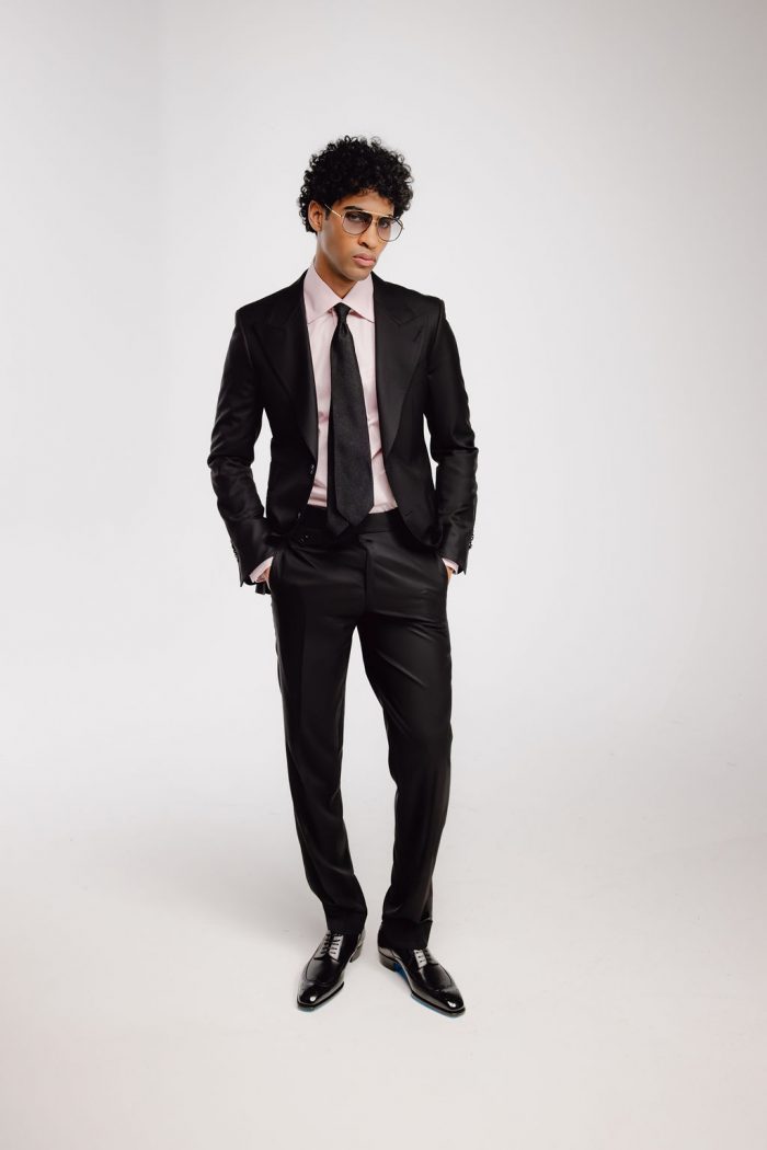 Man wearing Antar Levar Midnight Mirror suit